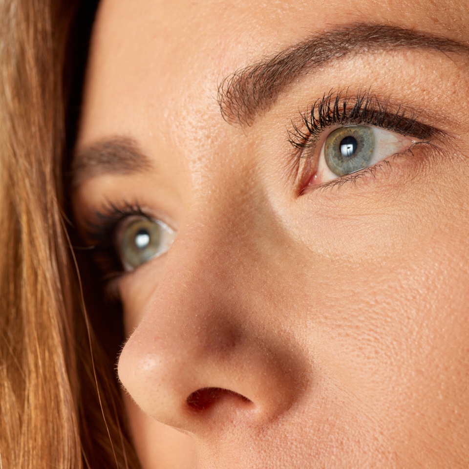 Close-up image of beautiful female face, eyes, brows and nose. Brows and lashes lamination. Concept of natural beauty, skin care, health, plastic surgery, cosmetics, facial treatment, cosmetology
