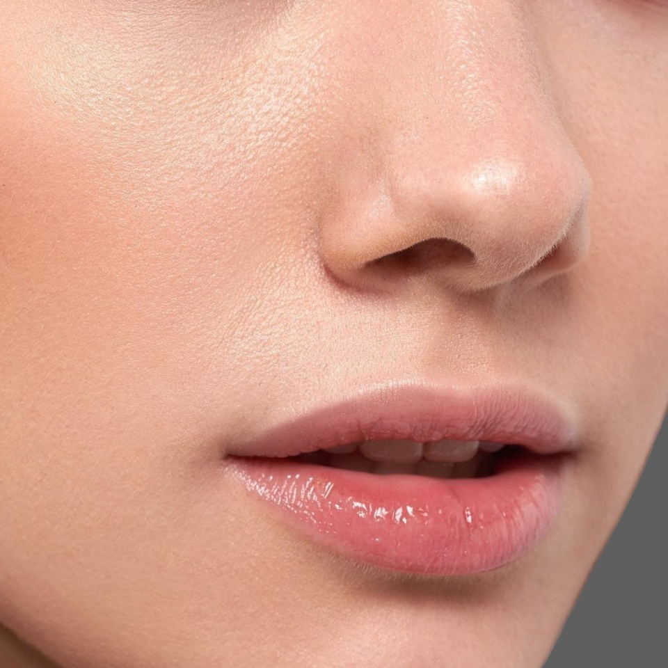Close up of beautiful young woman's face with fresh, smooth skin and pink lips with light background _ Skin and body care