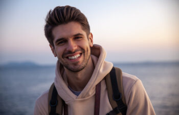 A young man wearing a hoodie and backpack smiles while standing outdoors near water at sunset.