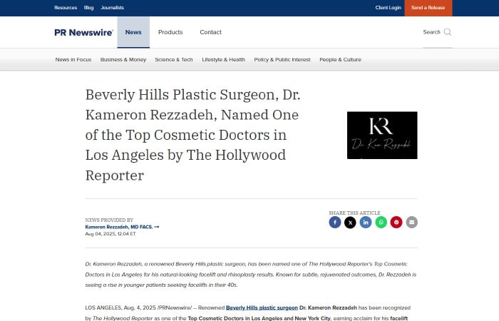 Screenshot from PR Newswire article 'Beverly Hills Plastic Surgeon, Dr. Kameron Rezzadeh, Named One of the Top Cosmetic Doctors in Los Angeles by The Hollywood Reporter'